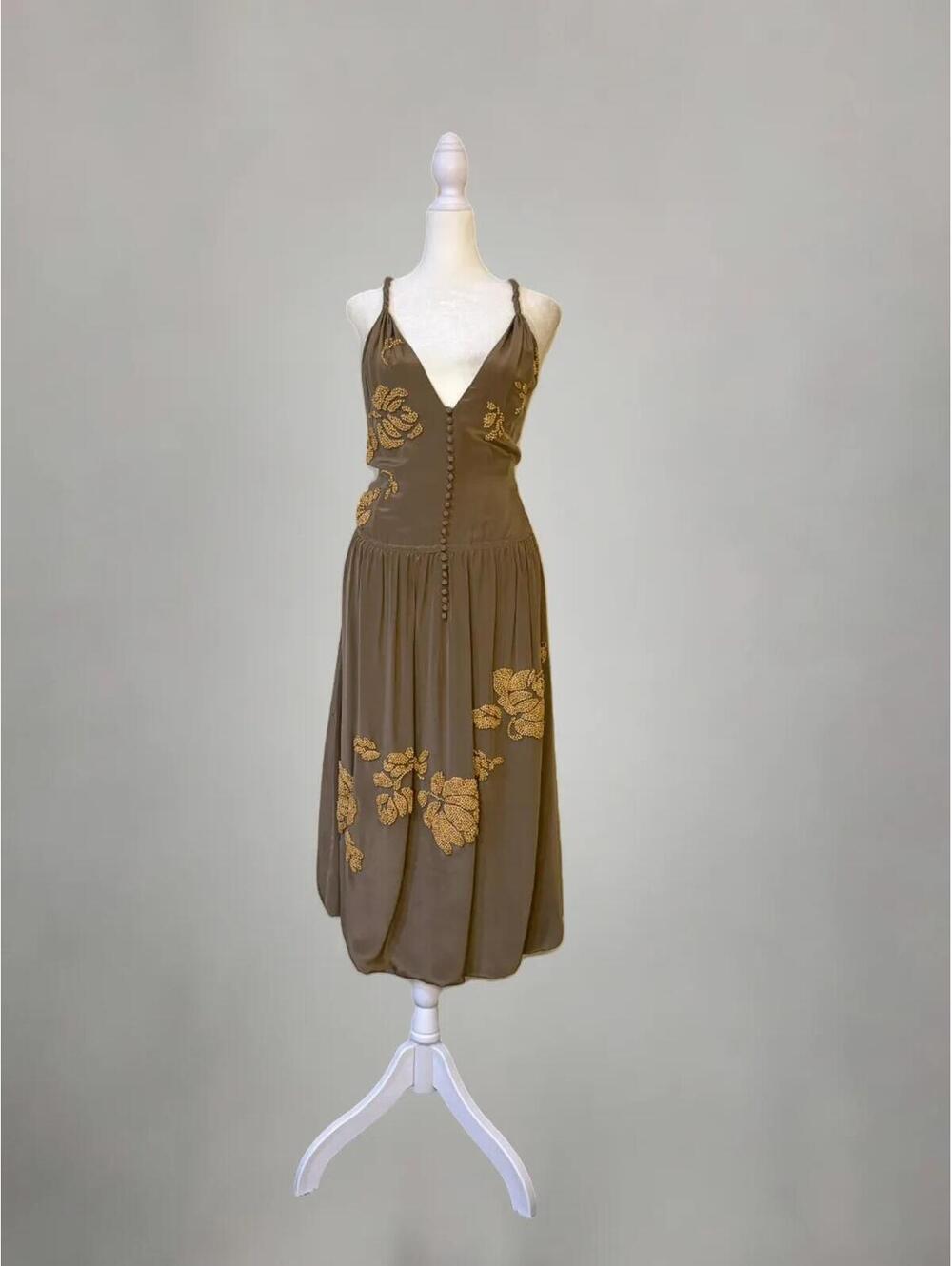 BCBG Sienna Brown Summer Blouson Wooden Beaded Midi Dress 100% Silk